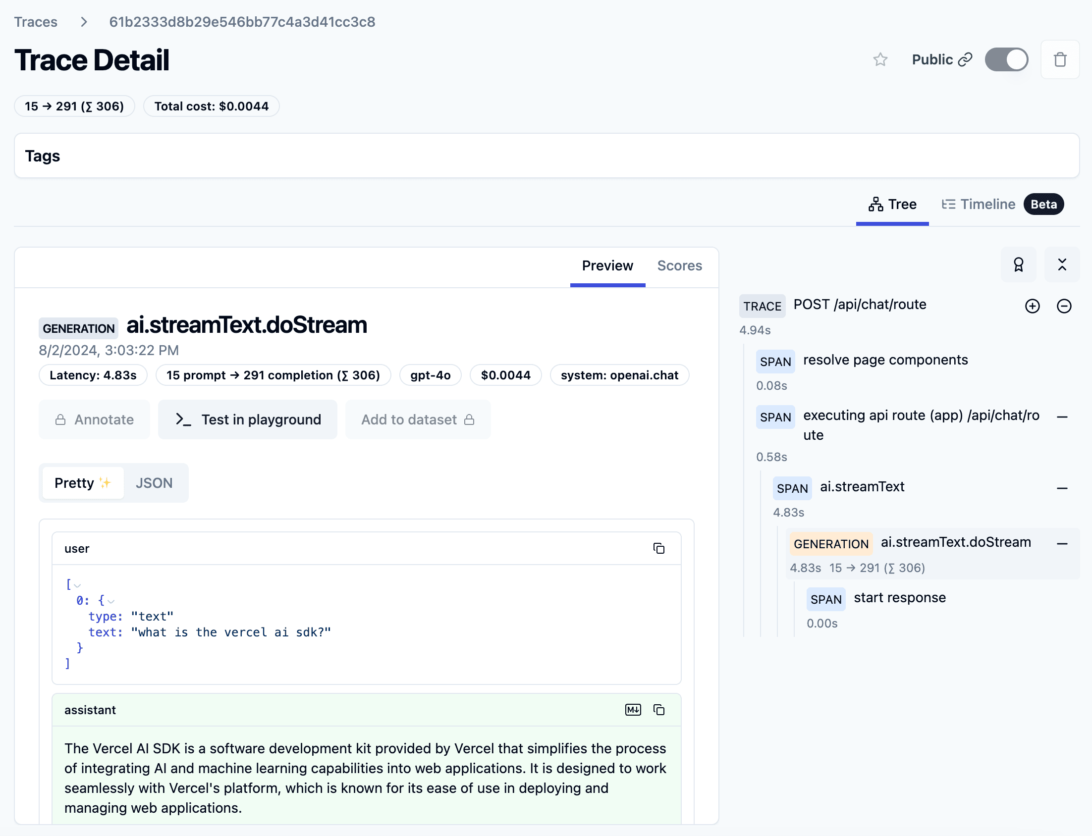 Vercel AI SDK Example Trace in Langfuse